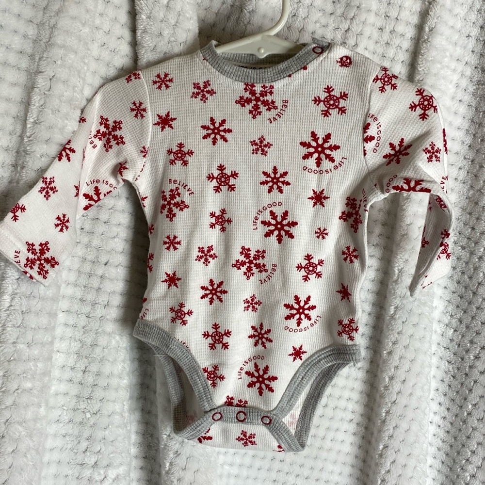 Life is Good snowflakes believe onesie outfit